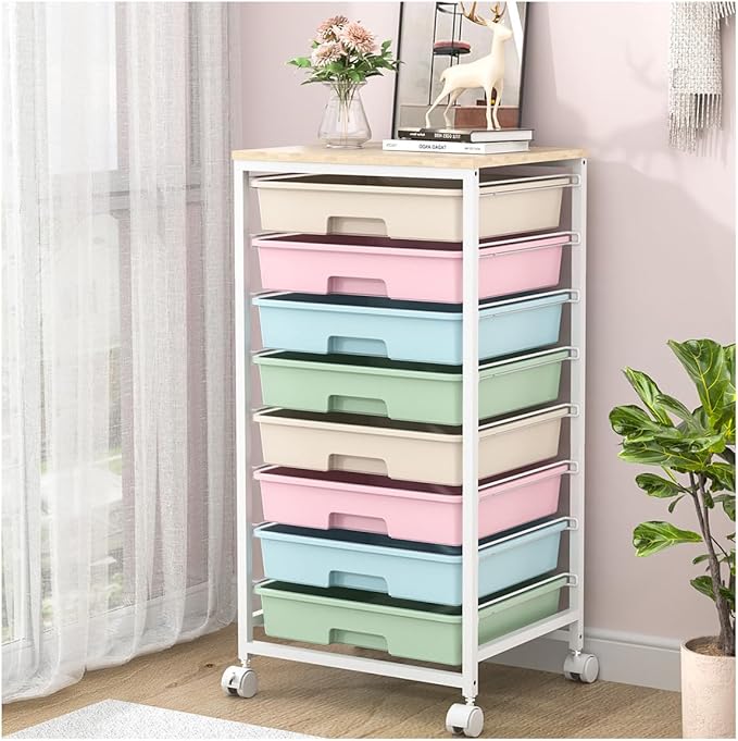 SYKIARIOL Rolling Storage Cart with Drawers,Utility Cart With 8 Drawers and Wooden Tabletop,Rolling Drawer Cart,Storage Drawer Cart for Living Room,Classroom,Bedroom,Bathroom,Dorm,Office,Rainbow