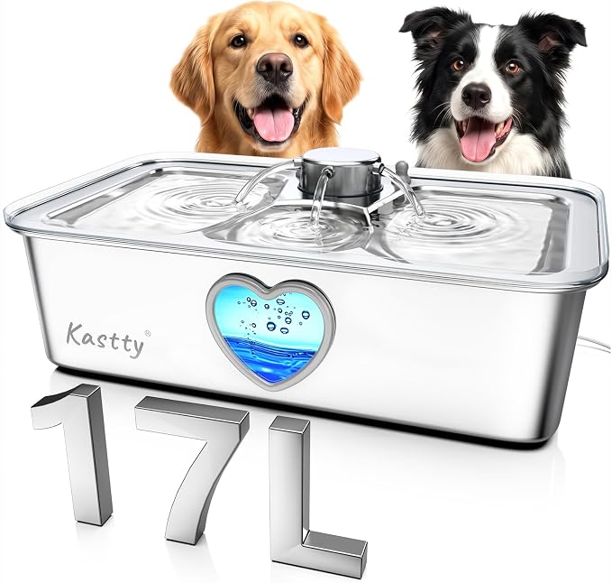 Kastty 4.5Gal/17L Stainless Steel Dog Water Fountain for Pets, Inside, FS87 | 6-Stage Filtration, Dual-Color LED, Visual Window, Large Medium & Multi-Pet