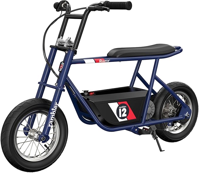 Razor Rambler 12 Electric Retro Mini Bike Ride for Teens Ages 13+, 170 lb Max Weight, Dark Blue – 250W Motor, Up to 14 Mph, 40-Min Run Time, Twist-Grip Throttle, Spoked Wheels w/ 12” Pneumatic Tires