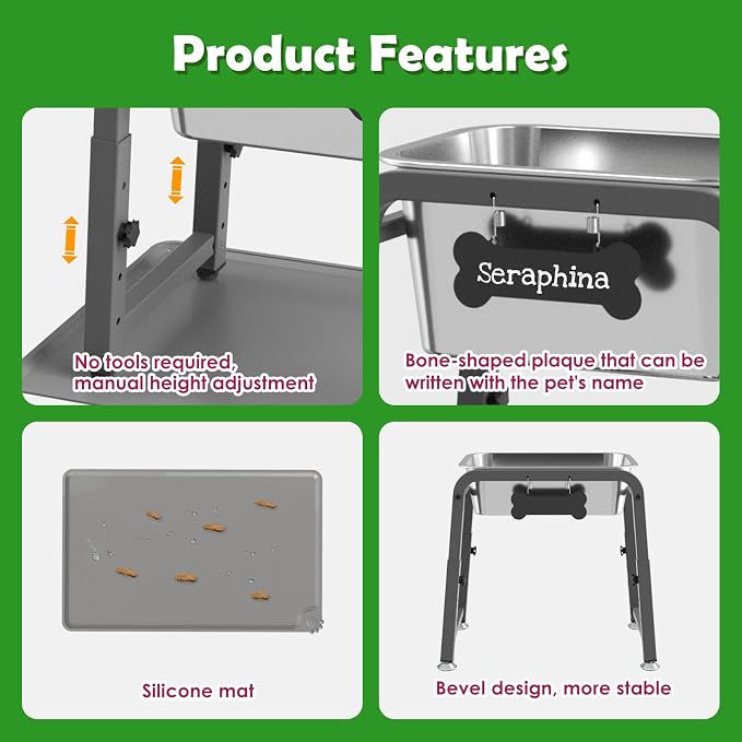 2 Gallon Elevated Large Dog Water Bowl with Mat, 4 Height Adjustable 10.4-15.2", Raised Dog Water Bowl Stand for Large Breed