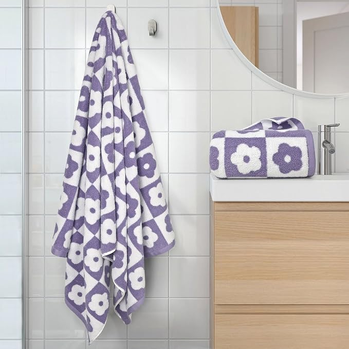 2-Pieces Luxury Bath Towels Checkered Floral, Purple Towels for Women Girls | Shower Body 27.5x55 Inches, Cute Bathroom Decor, Cotton