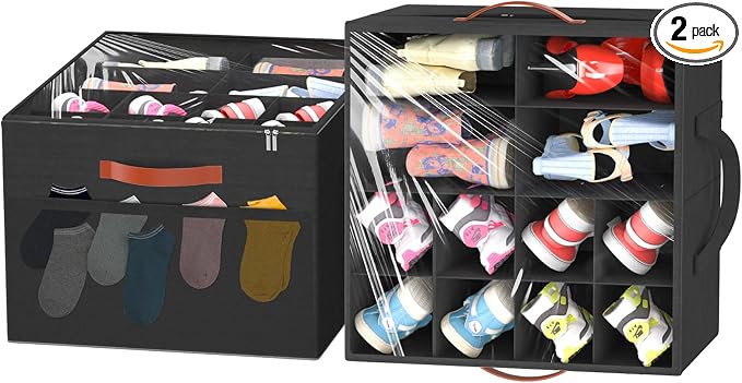 Aokeyee 2 Pack Shoe Organizer for Closet, Stackable Shoe Storage Box, Black | Fits up to 32 Pairs, Space Saving, Foldable, Shoes Organizer Bin with Clear Cover, 4 Reinforced Handles