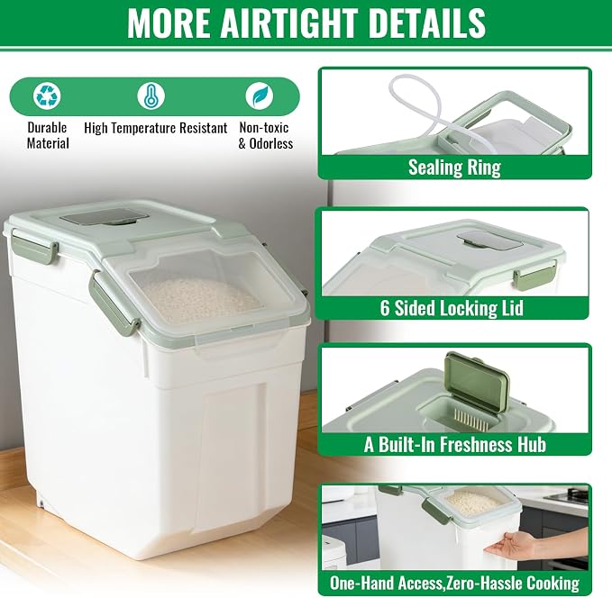 Rice Container 25 lbs Large Bulk Flour Sugar Storage Holdhouse Plastic Grain Cereal Dry Goods Bin with Spoon and Measuring Cup for Kitchen Pantry Organization - Green