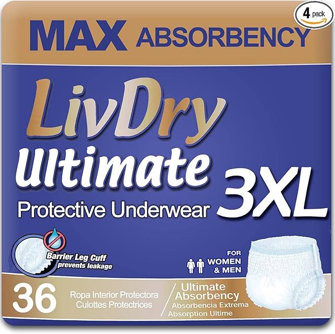 LivDry Ultimate 3XL Adult Incontinence Underwear, Max Absorbent Diapers for Women and Men, XXXL 72” -92" Waist, Leak Proof Cuff, XXX-Large, 36 Count