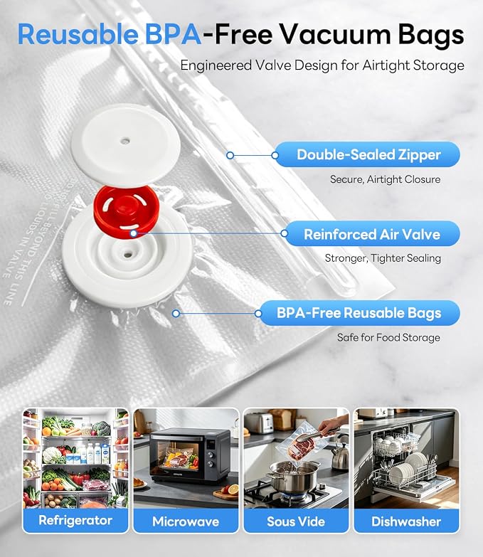 Reusable Vacuum Sealer Bags for Food, 30 PCS BPA-Free Food Storage Bags with Air Valve, Leakproof & Odor-Resistant for Sous Vide, Freezer & Microwave, Compatible with Most Vacuum Sealers
