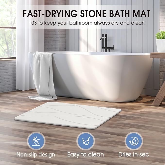 Veeloim Stone Bath Mat Diatomaceous Earth Shower Mat Non-Slip Super Absorbent Diatomite Stone Bath Mats for Bathroom Floor Quick Drying Natural Easy to Clean(23.6''×15.4" White)