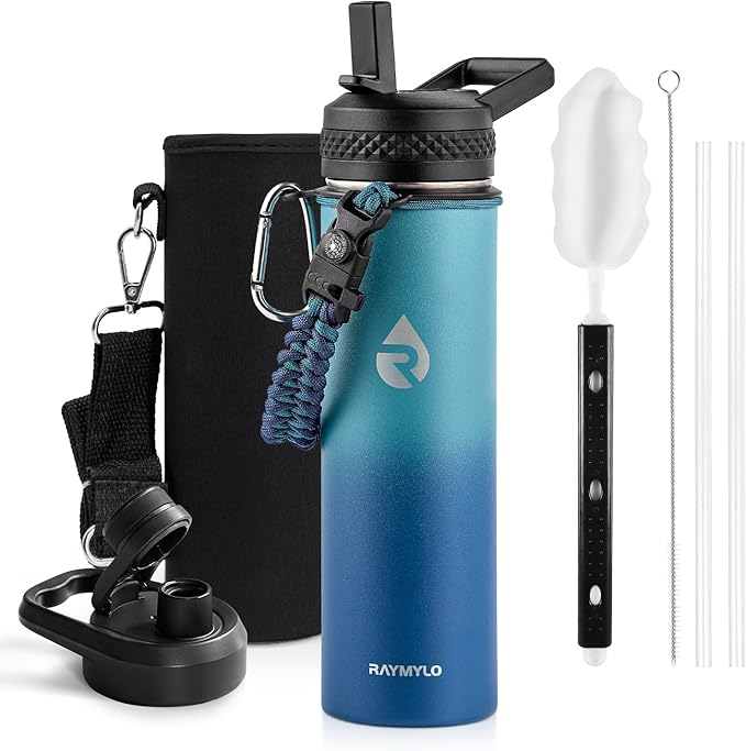 RAYMYLO Insulated Water Bottle 20 oz, Triple Wall Vacuum Stainless Steel (Cold for 24Hrs, Hot for 12Hrs), Leak Proof & Non-BPA, Modern Water Bottle Jug for School with Straw Spout Lids