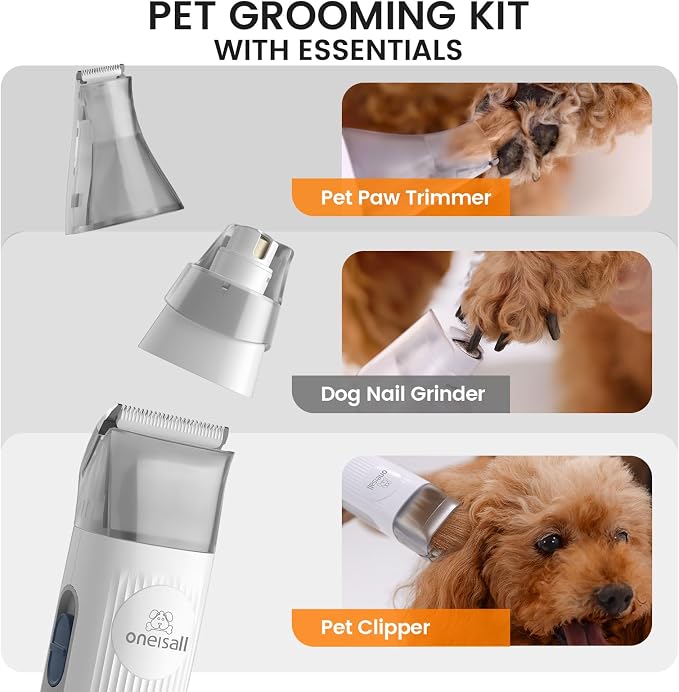 oneisall Dog Grooming Vacuum, Pet Grooming Vacuum with Clipper Nail Grinder, 1.5L Dust Cup Dog deshedding Brush with 7 Tools for Shedding Pet Hair, Home Cleaning (Grey)