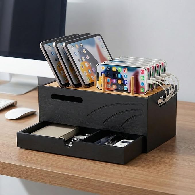 Homde Bamboo Charging Station Organizer: 2 Layer Charger Holder with Drawer for Office Home - Electronic Docking Stand for Multiple Devices, Tablets, Phones （Black）