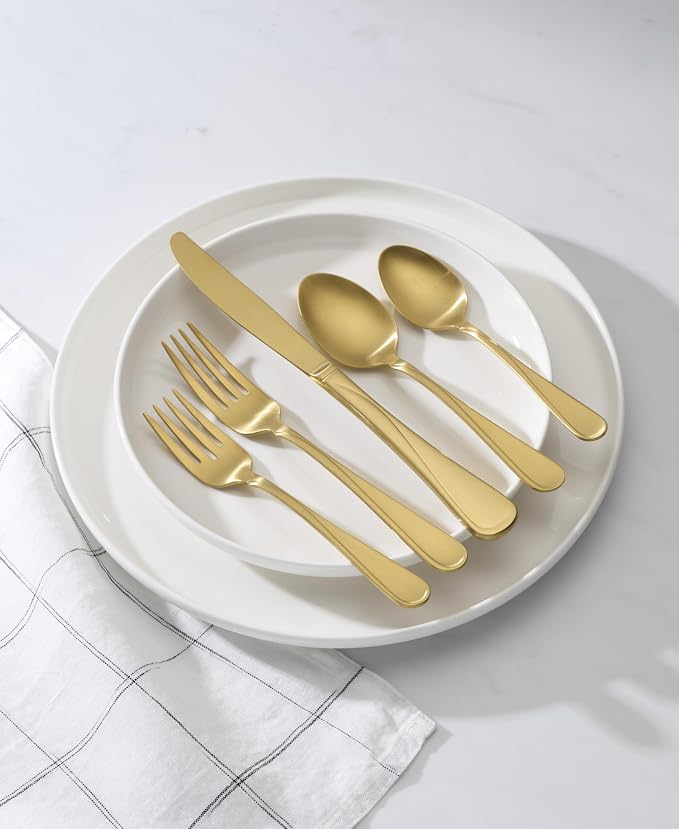 Oneida Gold Silverware Set, Flight Gold Satin 20 Piece Flatware Set, Service For 4, 18/0 Stainless Steel, Dishwasher Safe, Flatware Cutlery Sets, Utensils, Knives Spoons and Forks (Golden, 20 Pieces)