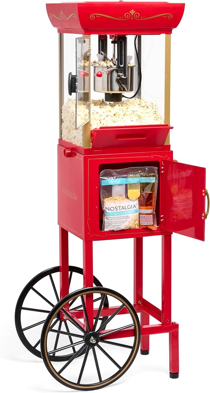 Nostalgia Popcorn Maker Machine - Vintage Theater Style Popcorn Cart With 2.5oz Stainless Steel Kettle, Makes Up To 10 Cups Easily - Bring Home the Fun with Theater Style Popcorn Machine- Red