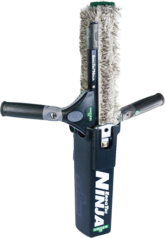 UNGER ErgoTec Ninja Kit 4-in-1: Squeegee, Scrubber, Holder, Cloth | Professional indoor/outdoor window cleaning; WNK12 advanced kit; complete 4-piece system
