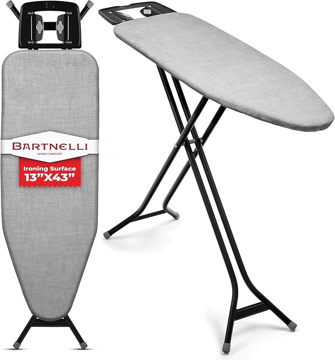 Bartnelli Extreme Stability Ironing Board 43x13 Upgraded Heavy-Duty Metal Frame & Iron Rest, Height Adjustable, Foldable, 4 Non-Skid Feet, 100% Cotton Cover, Made with Patent European Engineering