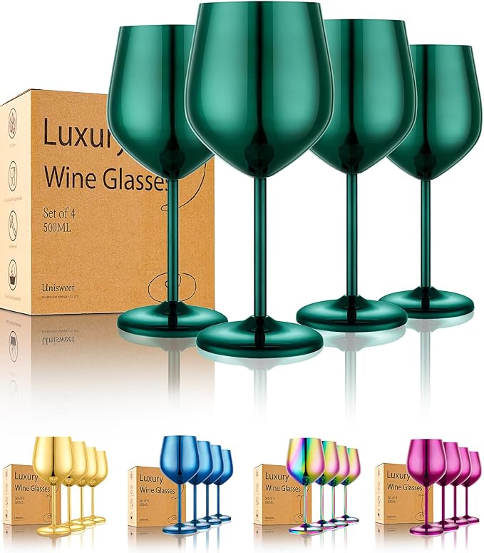 UNISWEET Unbreakable Stainless Steel Wine Glasses Set of 4, Green | 17oz Unique Fancy Metal Wine Goblets, Shatterproof, Ideal for Outdoor, Camping, Travel, Pool, Great Gift for Wine Lovers