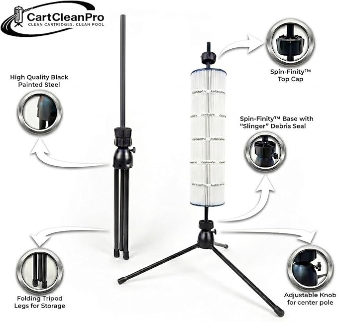 Rotating Pool Filter Cleaning Stand PRO – Ergonomic Metal Tripod Station with Spin-Finity Technology & Spray Nozzle – Fits 3" ID Cartridges – Save Your Back & Deep Clean Pleats