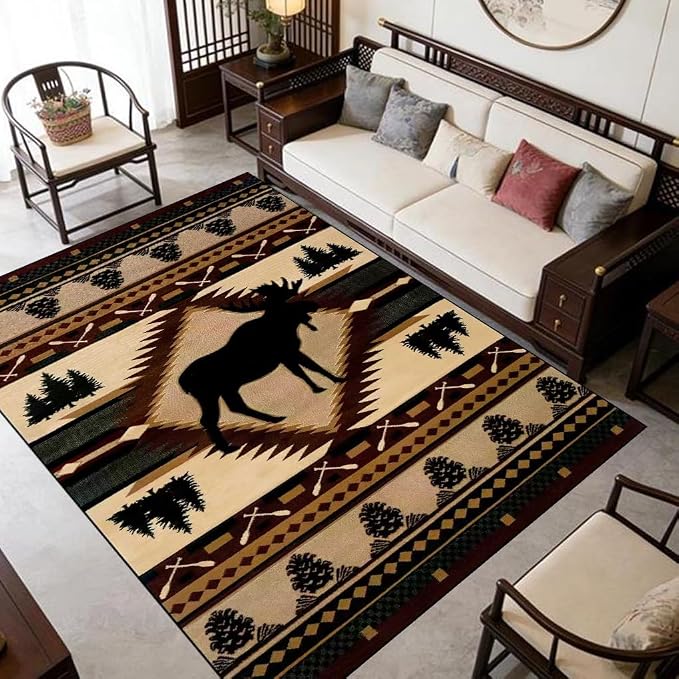 Contemporary Rustic Cabin Rugs for Living Room Vintage Moose Deer Carpet Non-Slip Natural Wildlife Animals Area Rug Floor Mats 6'x9'