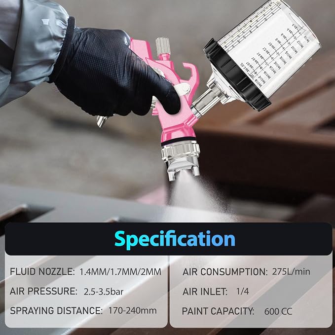 HVLP Air Spray Gun with 1.4/1.7/2mm Nozzles & Air Compressor Regulator, Air Spray Paint Gun w/10pcs 600cc Mixing Cup and Lids, Automotive Paint Sprayer for Car, House Painting, Furniture (Pink)