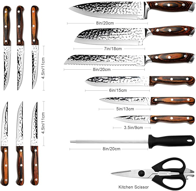 Kitchen Knife Set,15-Piece Knife Set With Block Wooden,Self Sharpening For Chef Knife Set,High Carbon Japan Stainless Steel Hammered Collection Knife Block Set with Steak Knives, Boxed Knife Set | Hammered Collection, High Carbon Japan Stainless Steel,...