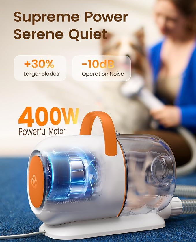 oneisall Dog Grooming Vacuum - 15000Pa Suction, Captures 99% Pet Hair to Reduce Shedding, Dog Grooming Clippers & Quiet Brush (≤59dB) with 4 Accessories, 2L Dust Canister for Home Cleaning（Orange）