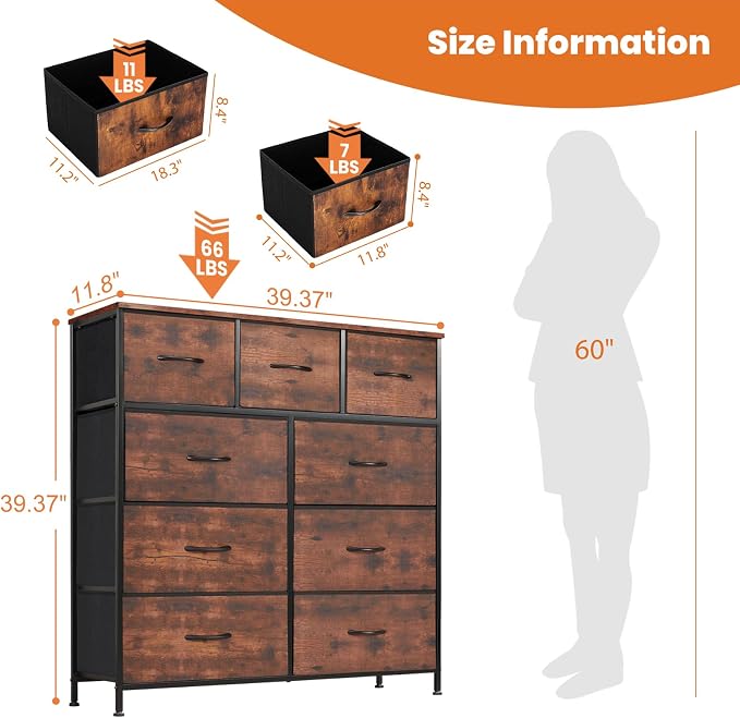 Sweetcrispy Dresser for Bedroom with 9 Drawers, Large Fabric Dresser | Storage Tower Organizer, Chest of Drawers with Metal Frame Wooden Top for Closet, Living Room, Entryway, Brown