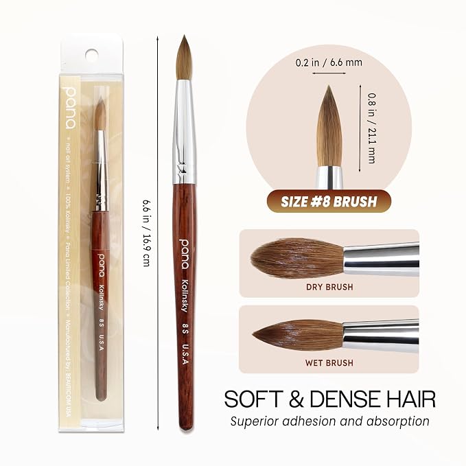 pana USA Acrylic Nail Brush100% Pure Kolinsky Hair Mahogany Wood Handle with Silver Ferrule Round Shaped Style (Size # 8, Mahogany)