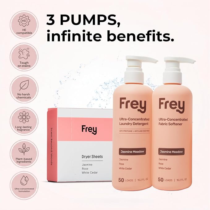 Frey Complete Laundry Package | Jasmine Meadow Scent | Detergent, Fabric Softener & Dryer Sheets | Nature’s Luxury