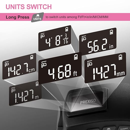 PREXISO 2-in-1 Digital Tape Measure - 16Ft Pink Digital Measuring Tape Rechargeable, Ft/Ft+in/in/M/CM/MM Unit - Metric & Inches Retractable Electronic Tape Measure Auto Lock, Pythagorean, Area, Volume
