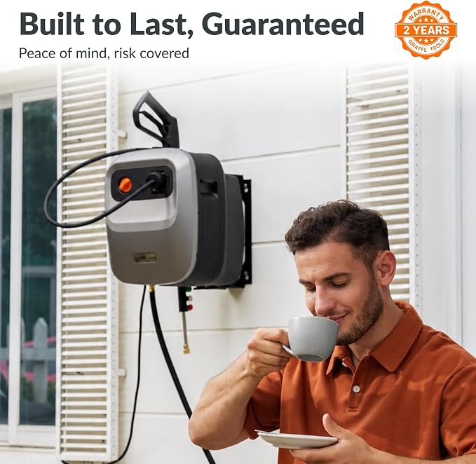 Giraffe Tools 65 FT Retractable Wall Mount Pressure Washer G20B, 2500 PSI | 2.2 GPM, Automatic Rewind with 180° Swivel Bracket, 5 Nozzles, Foam Cannon for Car, Fences and Patio Cleaning, Dark Silver