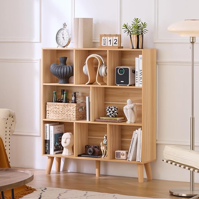LEYAOYAO 8 Cube Bookshelf, Mid-Century Modern Book Shelf with Legs, Natural | 3 Tier Bookcase, Rustic Wood Bookshelves Freestanding Large Storage Organizer, Open Shelves for Bedroom, Living Room, Office