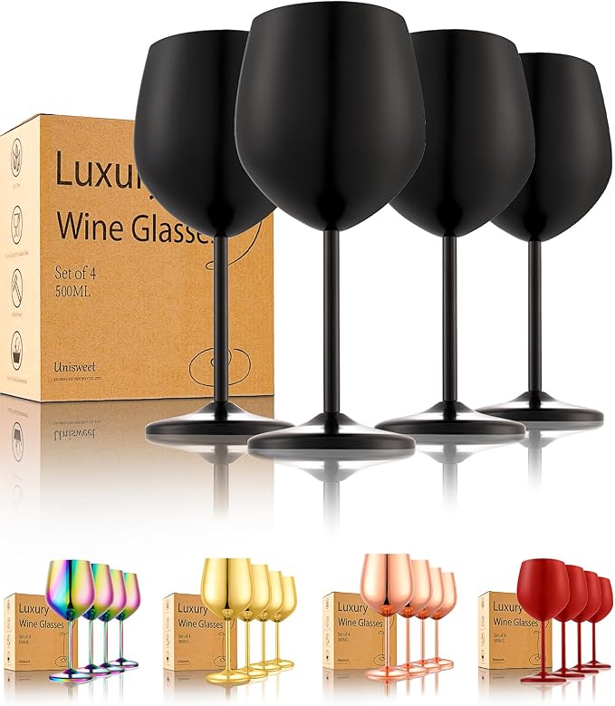 UNISWEET Unbreakable Stainless Steel Wine Glasses Set of 4, Matte Black | 17oz Unique Fancy Metal Wine Goblets, Shatterproof, Ideal for Outdoor, Camping, Travel, Pool, Great Gift for Wine Lovers