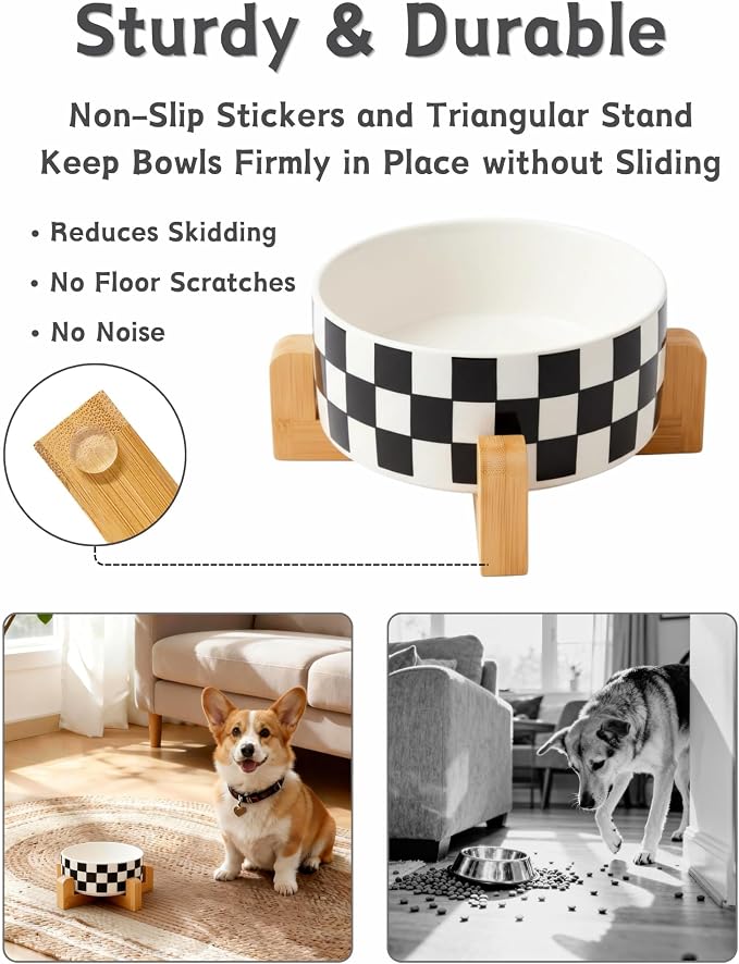 TRUVIC Ceramic Dog Bowl with Wood Stand, Black and White Checkered & Striped Dog Food and Water Bowl, 2 Cup/14 oz Elevated puppy food bowl for Medium Dogs, Dishwasher Safe, Modern Geometric, Checkered