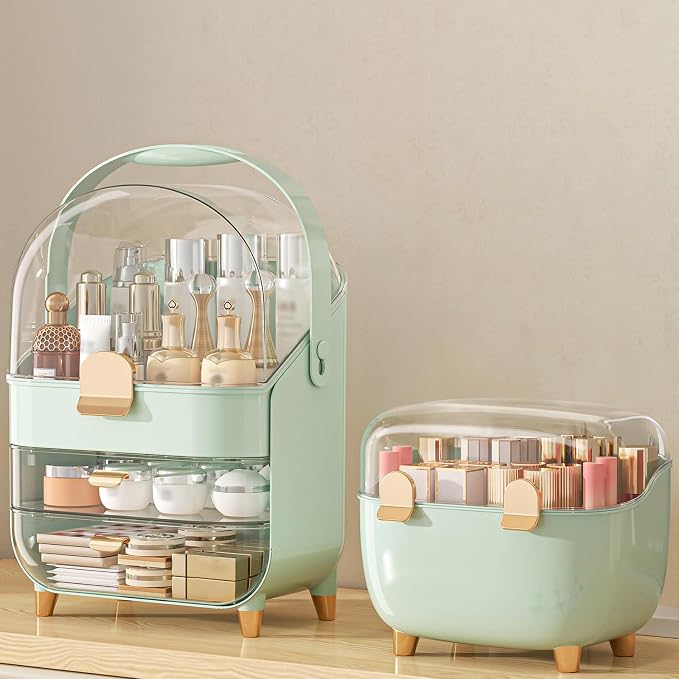 Makeup Organizer Countertop, Skincare Holder Bathroom Counter Organizer, Storage Box Cosmetic Display Cases, Teen Girl Gifts Make up Organizers (Green/Lipstick)