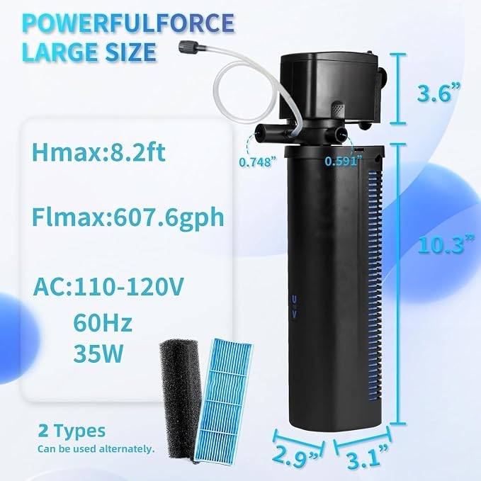 TARARIUM U-V Aquarium Filter for 75-200Gal Fish Tank Pond Pool, Dual Outlet | 2 Media Options Available + U-V, Green Killing, Internal Filter, Aeration, Deodorization, Saltwater Freshwater Clear, 423GPH