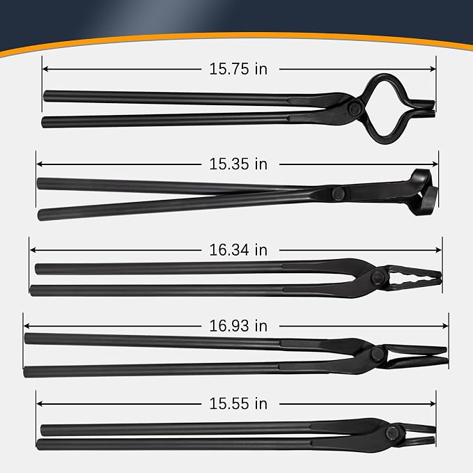 Blacksmith Tongs - V-Bit, Flat, Blade, Square Jaw, Wolf Jaw (5PCS) | Knife Making Forge Tong Set Assembled Steel Blacksmithing Bladesmith Bladesmithing