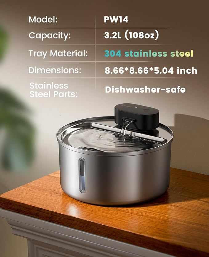 oneisall 108oz/3.2L Wireless Stainless Steel Cat Water Fountain | True Cordless,Ultra Quiet,4000mAh Rechargeable Battery Operated,3 Flow Modes with Sensor,Easy to Clean(3-Piece Only),5-Layer