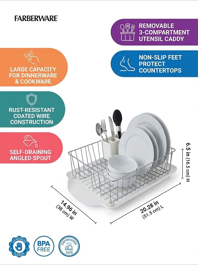 Farberware Classic Large Rust Resistant Full Dishrack with Removable 3 Compartment Flatware Caddy, Andlged Drain Board, 3-Piece, White