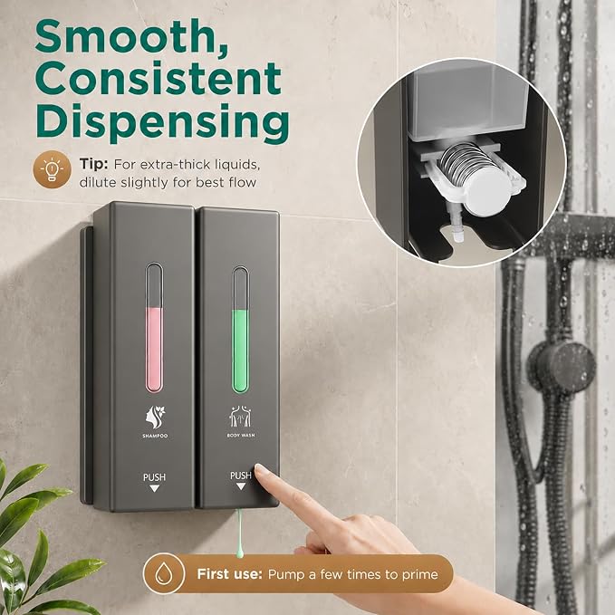 Shampoo and Conditioner Dispenser Wall Mounted, 3-Chamber Shower Soap Dispenser for Bathroom, 1200ML Large Capacity, No-Drill Installation, Clog-Free Pump for Thick Liquids (grey-2-pack)