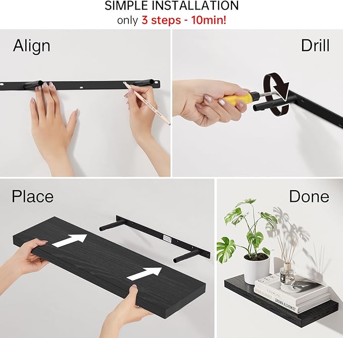 BAYKA Floating Shelves for Wall, 22.5 inches Black Wall Shelves for Bathroom, Bedroom, Living Room, Kitchen & Book, Hanging Display Decor Organizer Shelf with 22 lbs Capacity