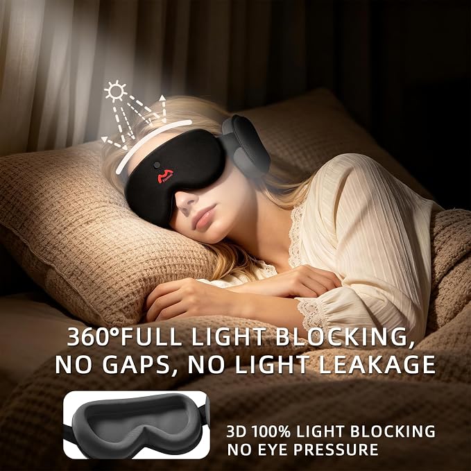 Bluetooth Sleep Mask with White Noise, Bluetooth 5.4 Sleep Headphones Eye Mask, 100% Blackout Sleep Mask, Voice Control, Soft Earmuffs, Comfortable for Travel, Meditation & Side Sleepers