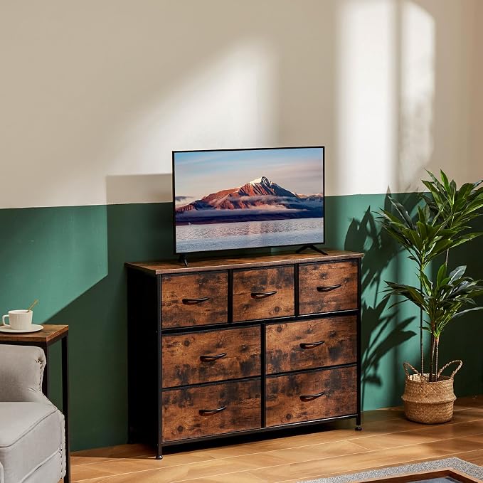 OLIXIS 7 Drawer Dresser for Bedroom, Wide Fabric Storage Tower with Wooden Top and Metal Frame, Closet Chest Organizer Furniture, TV Stand for Living Room Hallway, Rust Brown