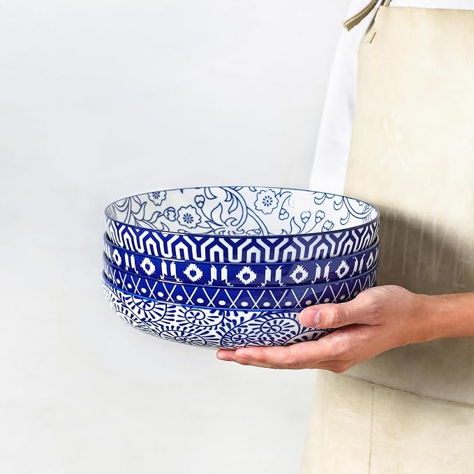 Selamica Ceramic Pasta Bowls Set of 4, 34 OZ Salad Bowls, 8.6 Inch Wide and Shallow Bowls, Microwave & Dishwasher Safe, Vintage Blue