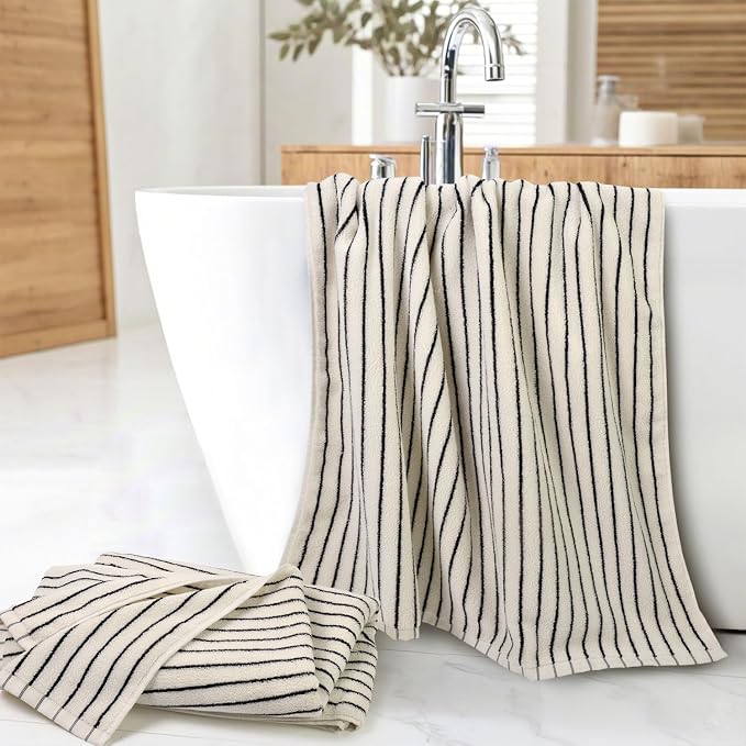 Black and Ivory Striped Bath Towels Set of 2, Lighter & Quick Dry Towels | Large 27.5 x 55 inches, Farmhouse for Bathroom, Pool, Shower