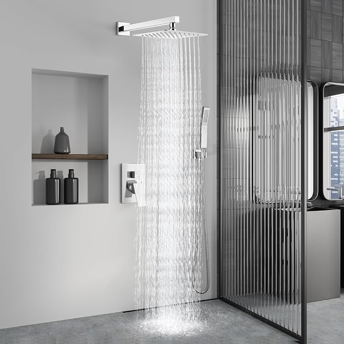 Aolemi Shower Faucet Set Rain Shower System with Handheld Spray Bathroom Shower Combo Rough-in Valve and Shower Trim Kit Included Polish Chrome 12 Inch Wall Mount Shower Head