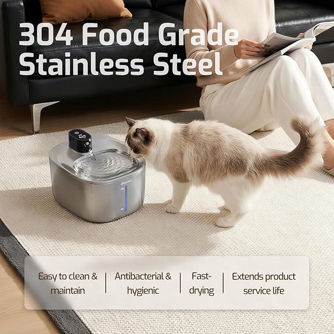 Cat Water Fountain Stainless Steel,152oz/4L Wireless Pet Fountain Battery Operated,Quiet Filtered Pet Water Fountain,Automatic Water Bowl for Cats Dogs with Motion Sensor 5 Filters
