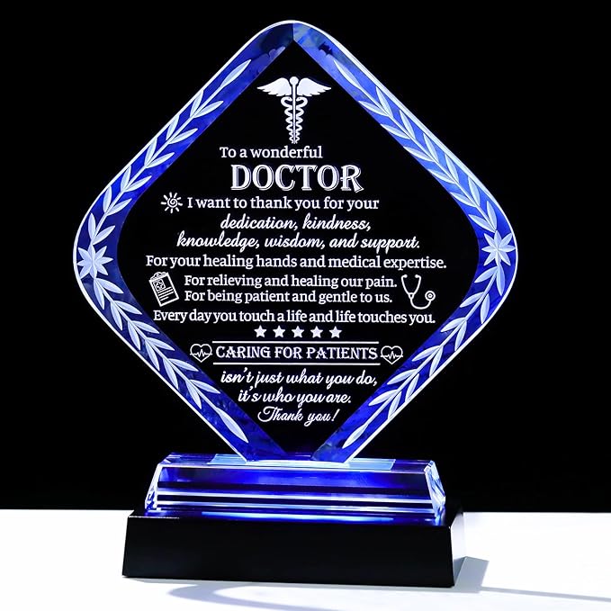 Movdyka Thank You Doctor Gifts for Women Men Crystal Keepsakes with Colorful Light Base Doctor Appreciation Gifts for Famale Male Best Doctors Day Retirement Birthday Plaque Decor