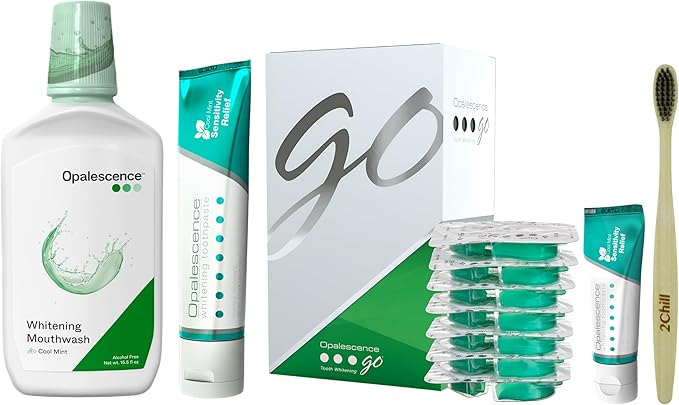 Opalescence Go Teeth Whitening Kit 15% Hydrogen Peroxide 7 Treatments with Sensitive Toothpaste 4.7 oz and 1 oz Travel Size Plus Alcohol Free Mouthwash and Toothbrush -5167-5447-6288T