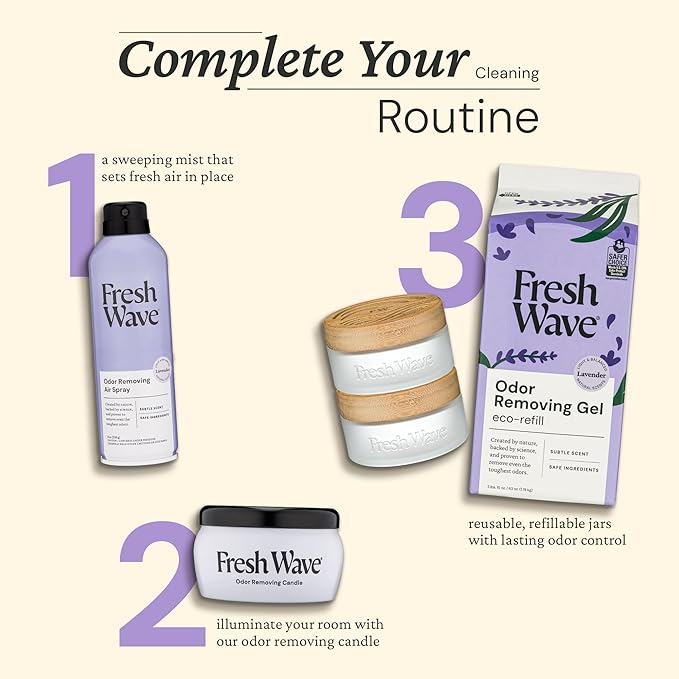 Fresh Wave Odor Removing Gel Eco-Refill, 63 oz. Lavender Scent | 2 Empty Refillable Glass Jars | 2 Room Set