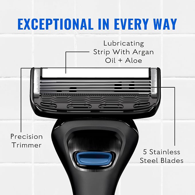 Jeremy’s Razors for Men, Precision 5 Shaving Kit, 4 Razor Cartridges, Shave Cream 6oz with Aloe + Cocoa Butter, Post Shave Balm 3.4oz, Ergonomic Grip Handle, Travel Bag, 8 Piece Set