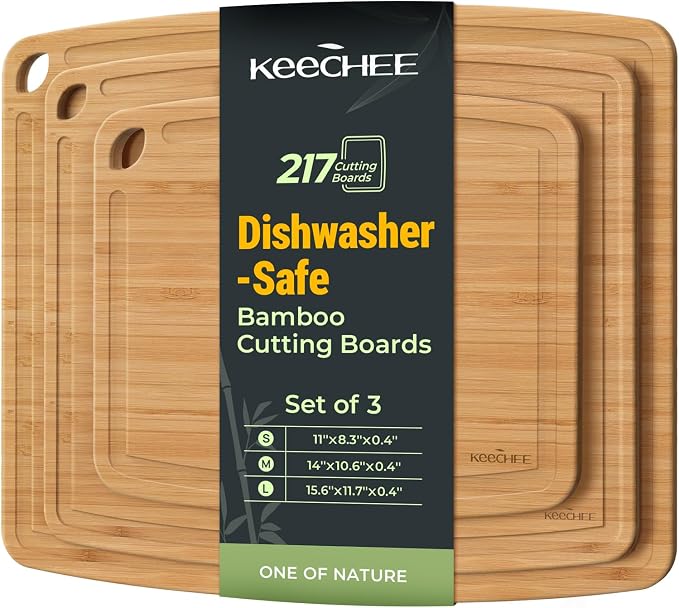 Keechee Dishwasher Safe Bamboo Cutting Boards Durable Lightweight Wood Cutting Board for Busy Kitchen, Easy Clean Wooden Chopping Boards with Juice Groove Set of 3 (L+M+S)