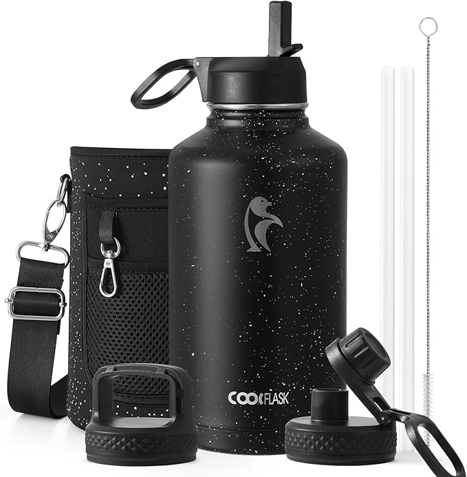 Coolflask 64 oz Insulated Water Bottle with Straw&3 Lids, Half Gallon Insulated Water Jug Galaxy Large Metal Stainless Steel Flask for Gym, Sports and Office, Keep Cold 48H Hot 24H, Starry Night